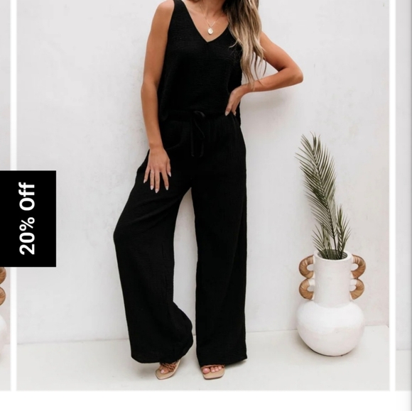 Black Linen Tank Top and Wide Leg Pants Set - Picture 2 of 9